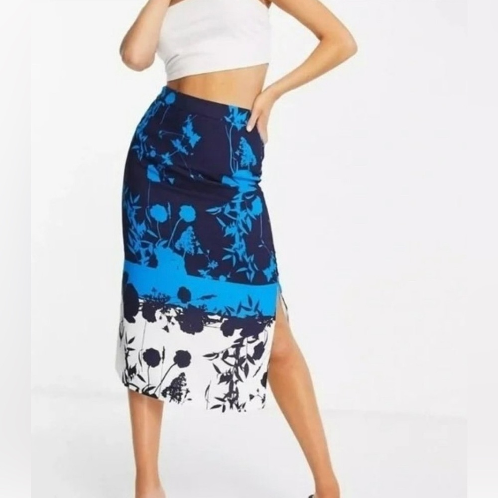 TED BAKER - Selaah - Bluebell Midi Side Slit Blue and White Skirt
